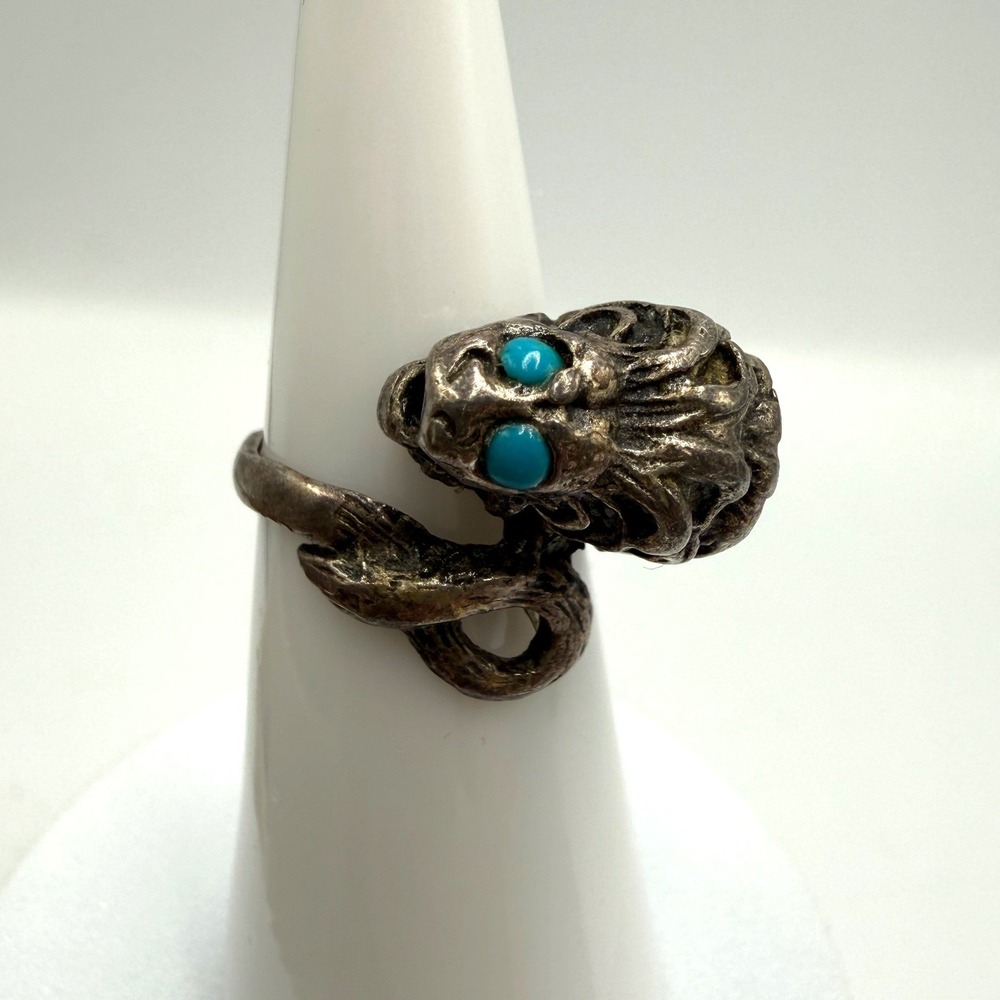 Vintage Lion Head Wrap Ring Turquoise Eyes Silver Antiqued Statement Size 5.5